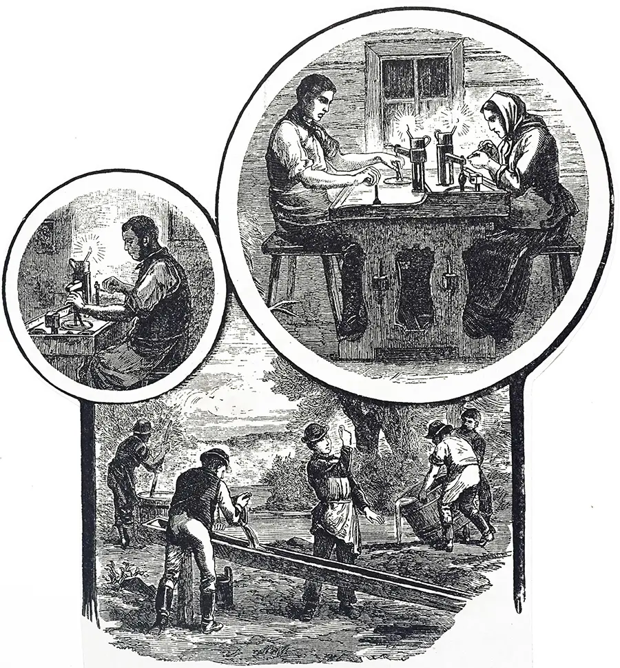 Engraving depicting the productions of Bohemian garnet. At the bottom miners are sieving for garnets, while the man on the top left is splitting the stones. The couple on the top right polish them. Dated 19th century