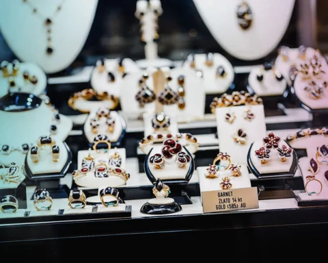 Jewelery in a showcase of precious garnet stone