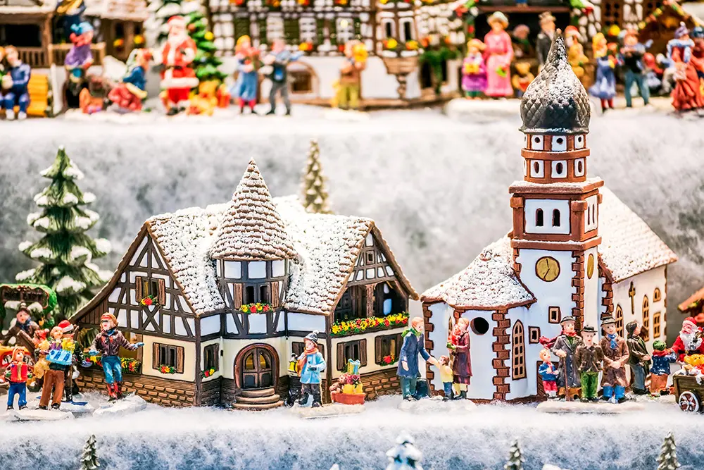 Salzburg, Salzburger Christkindlmarkt gingerbread houses Christmas Market decorations in Austria.