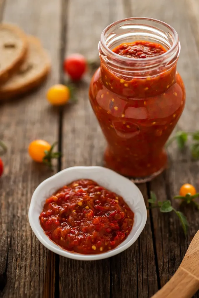 Homemade lutenica in glass jar on the table