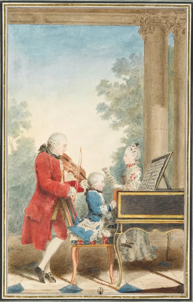 The Mozart family on tour: Leopold, Wolfgang, and Nannerl. Watercolour by Carmontelle, 1763