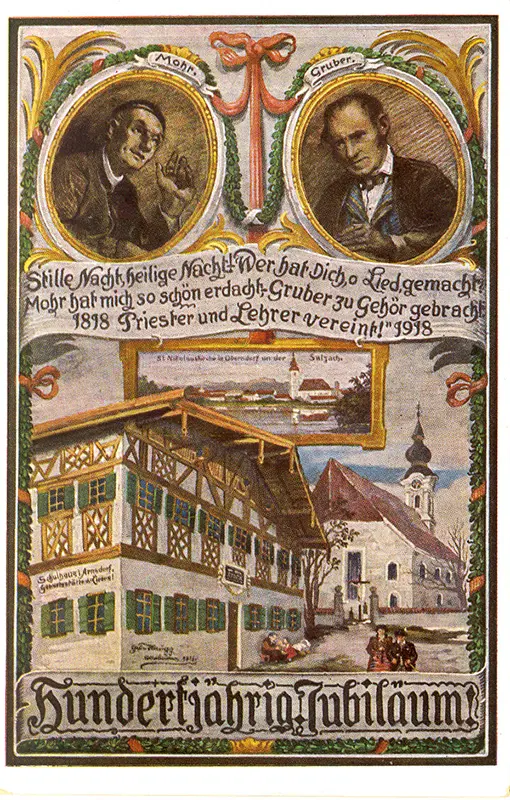 Joseph Mohr and Franz Gruber on 100th anniversary of Silent Night Christmas carol postcard