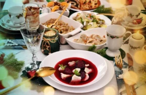 Christmas Eve red borscht with ravioli and beet chips and other dishes