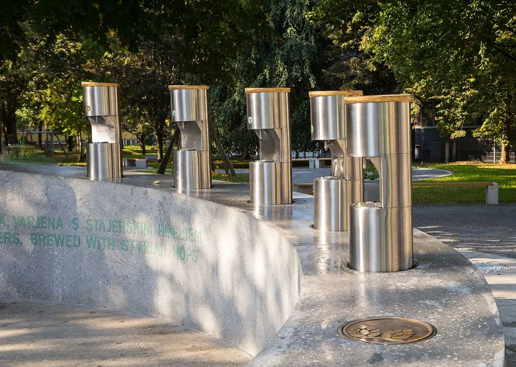 Public beer fountain in the town park at Zalec, Slovenia