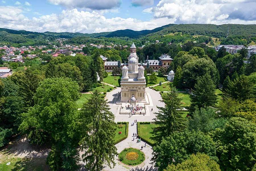 Aerial drone view of the Curtea de Arges Monastery in Romania