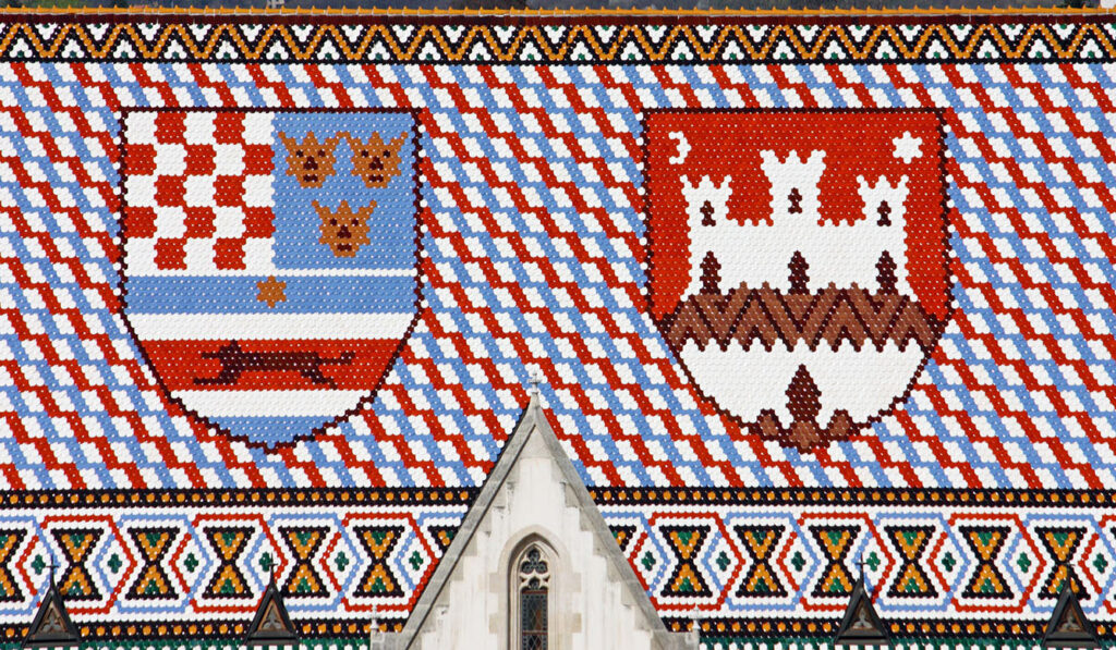 St Mark’s Church in Zagreb is most famous building. Roof, constructed in 1880, has the medieval coat of arms of Croatia, Dalmatia and Slavonia on the left side and the emblem of Zagreb on the right