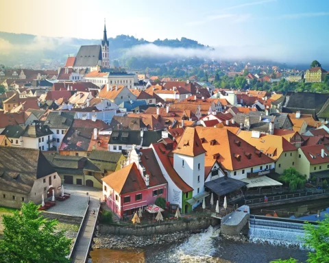 Summer view of Cesky Krumlov old town. Cesky Krumlov is a small city located in South Bohemia