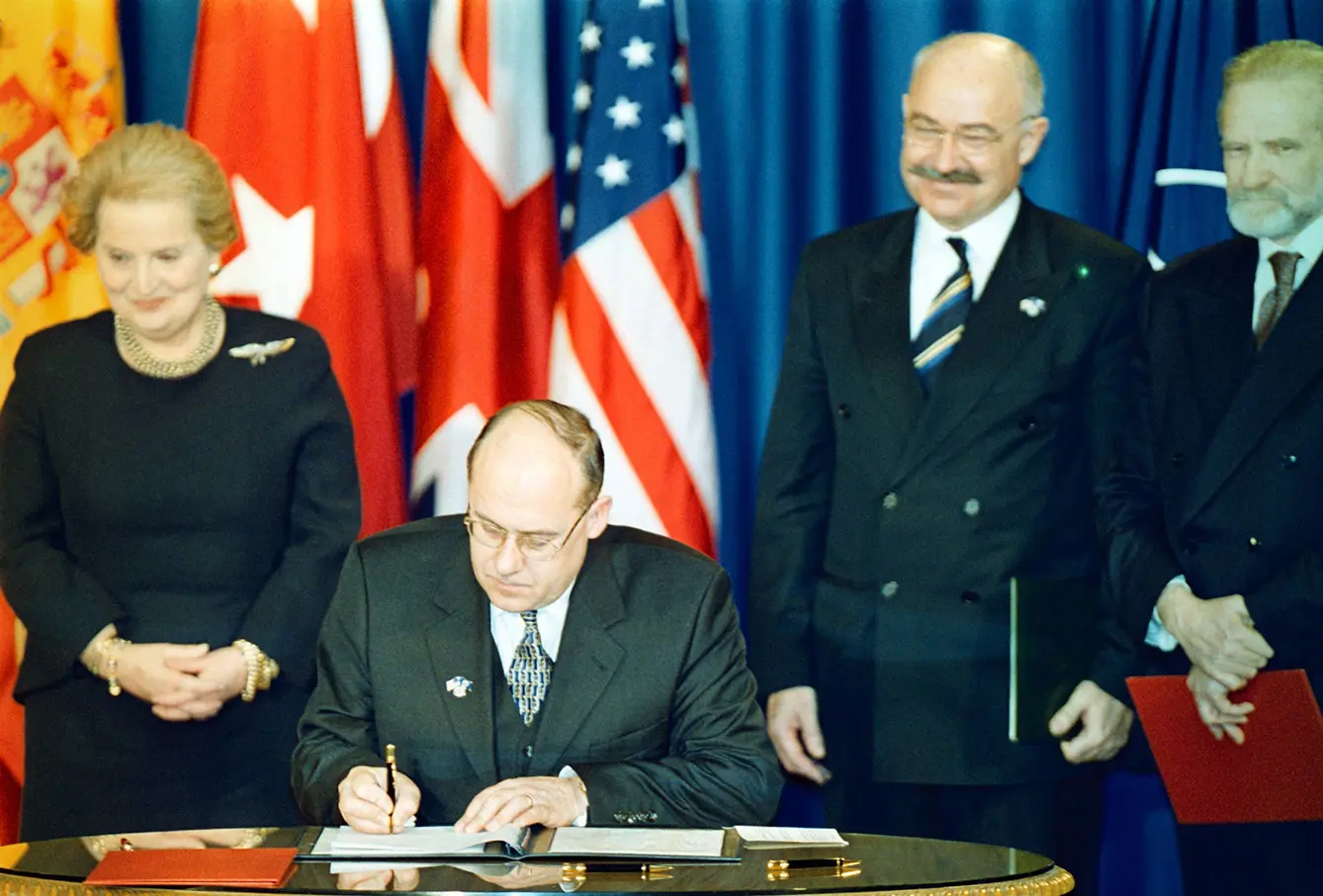 Foreign minister of Czech Republic Jan Kavan sign the Treaty of Accession of the Czech Republic to the North Atlantic Treaty Organization. Archive photo from 1999