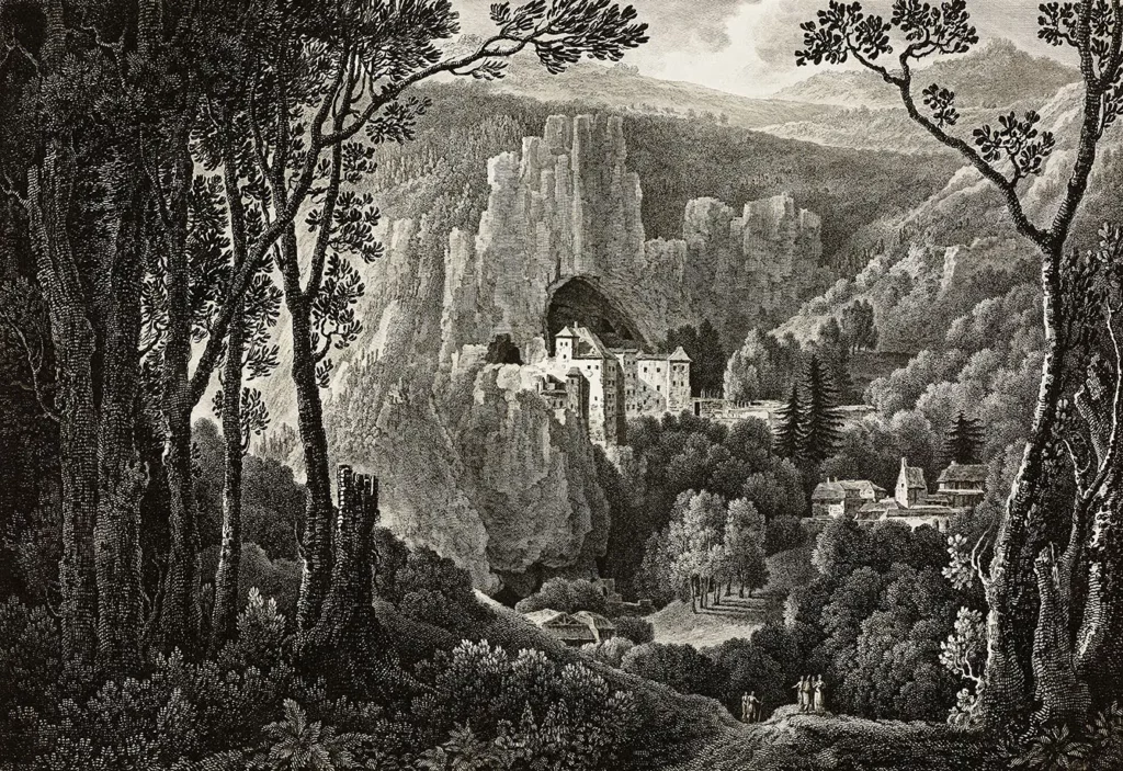 View of Predjama Castle in Slovenia black and white drawing from 1802
