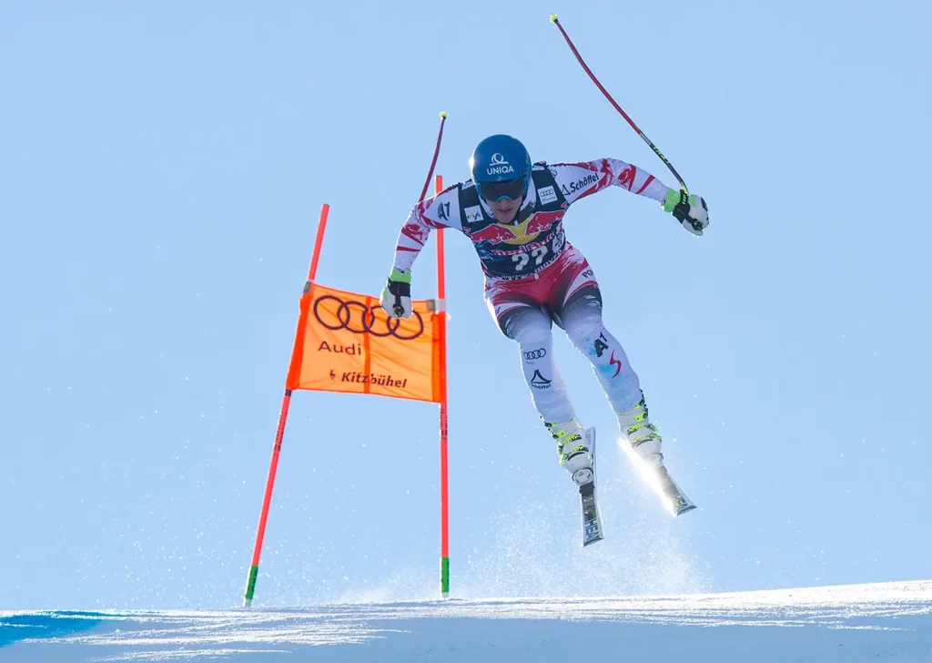 Matthias Mayer of Austria races down the Hahnenkamm Course during the Audi FIS Alpine Ski World Cup Downhill second official training session