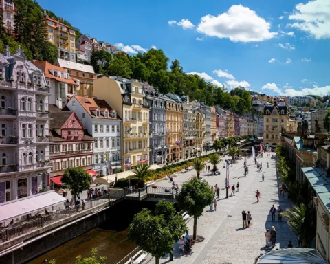 Down Town Mill Colonnade-an iconic structure with hot springs-in western Bohemia. Not just the architecture but also the health spas of the city in Karlovy Vary, Czech Republic