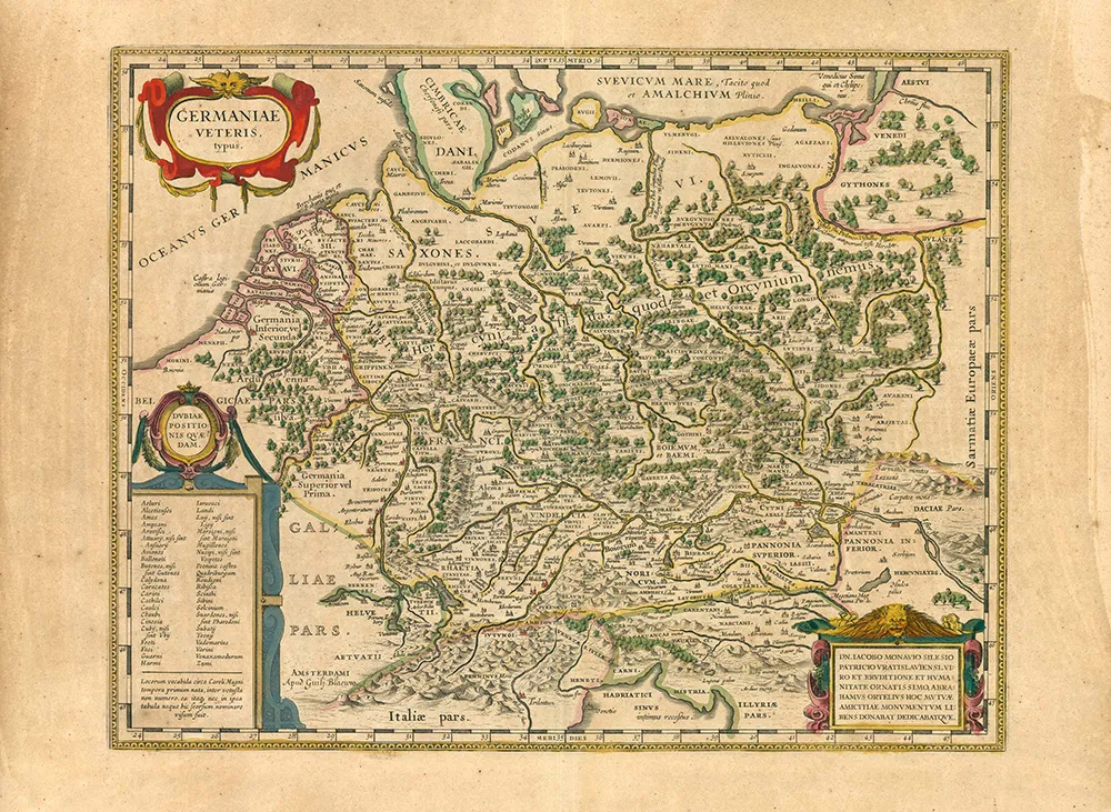 Historical map of Germany. The "Aestui" are on the right upper corner of the map, north east of their likely homeland from times of the Carolingian Empire