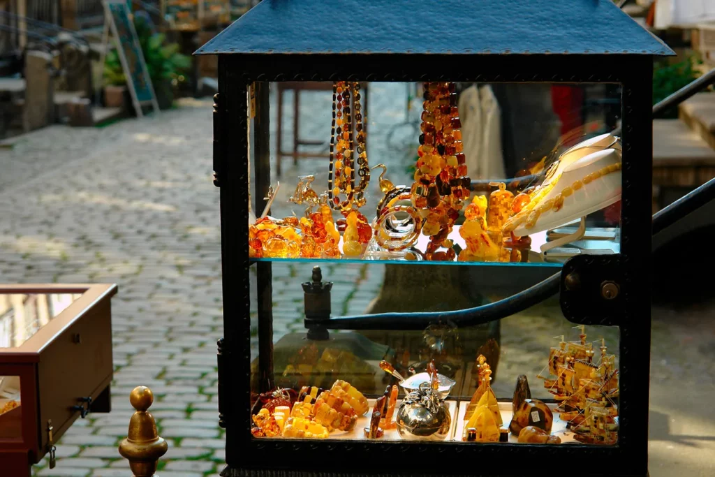 Stall from amber on old city in Gdansk