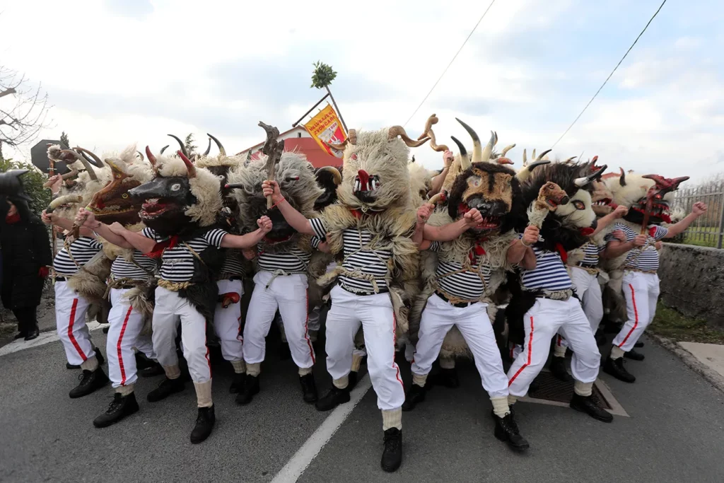 Carnival in Europe - Halubaj bell ringers set off in Marceli on a three-day hike through the villages of Halubja in Viskovo, Croatia