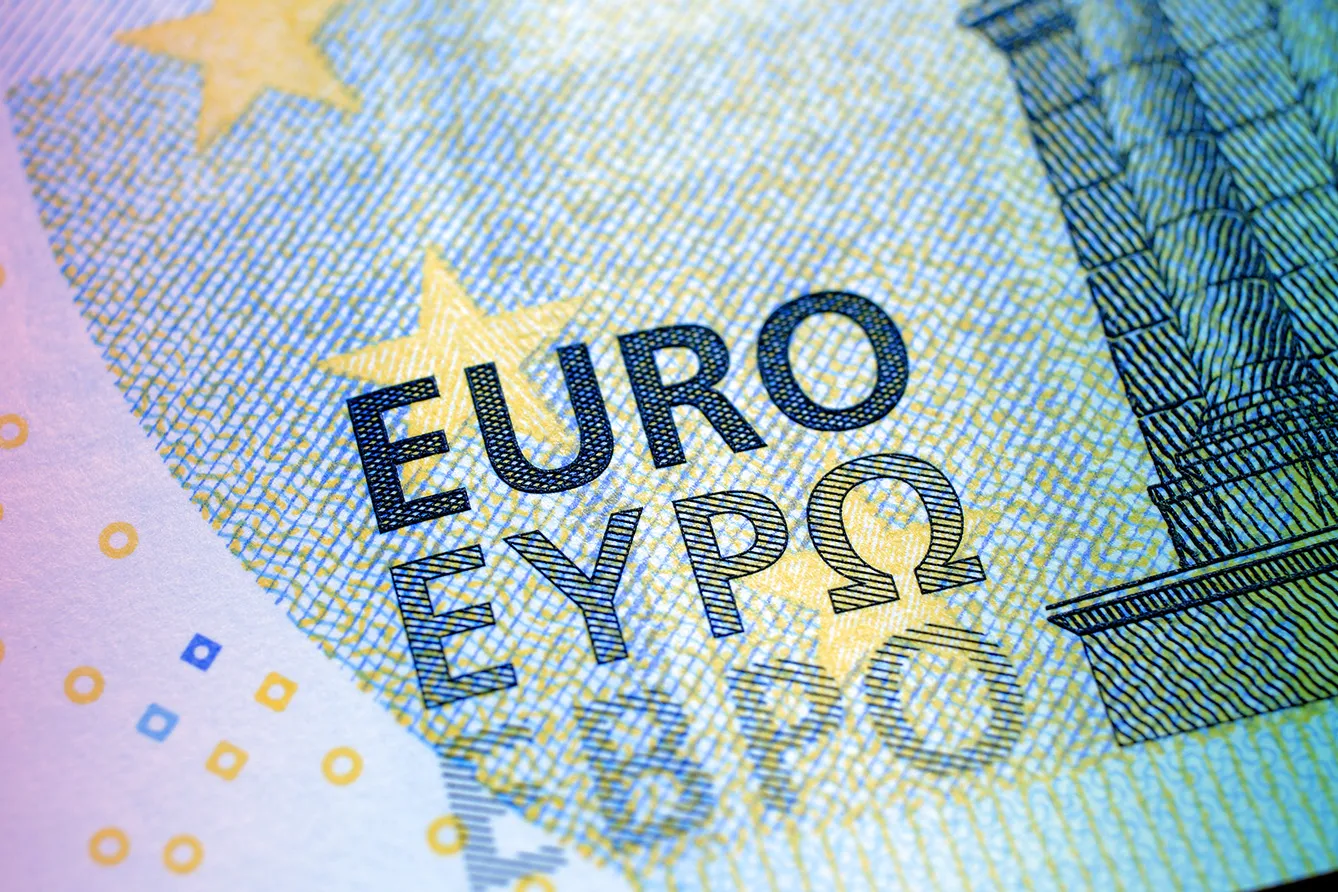 A close-up of a new 5 Euro bank note with added Bulgarian EBPO writing