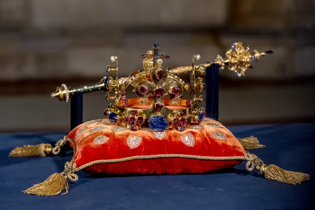 The Bohemian Crown Jewels with the St. Wenceslas Crown in the middle are displayed after removing them from cases at the Vladislav Hall at the Prague Castle. The Bohemian Crown Jewels are considered some of the oldest in Europe and are usually displayed to the public once every five years. The Crown was made for Charles IV's coronation