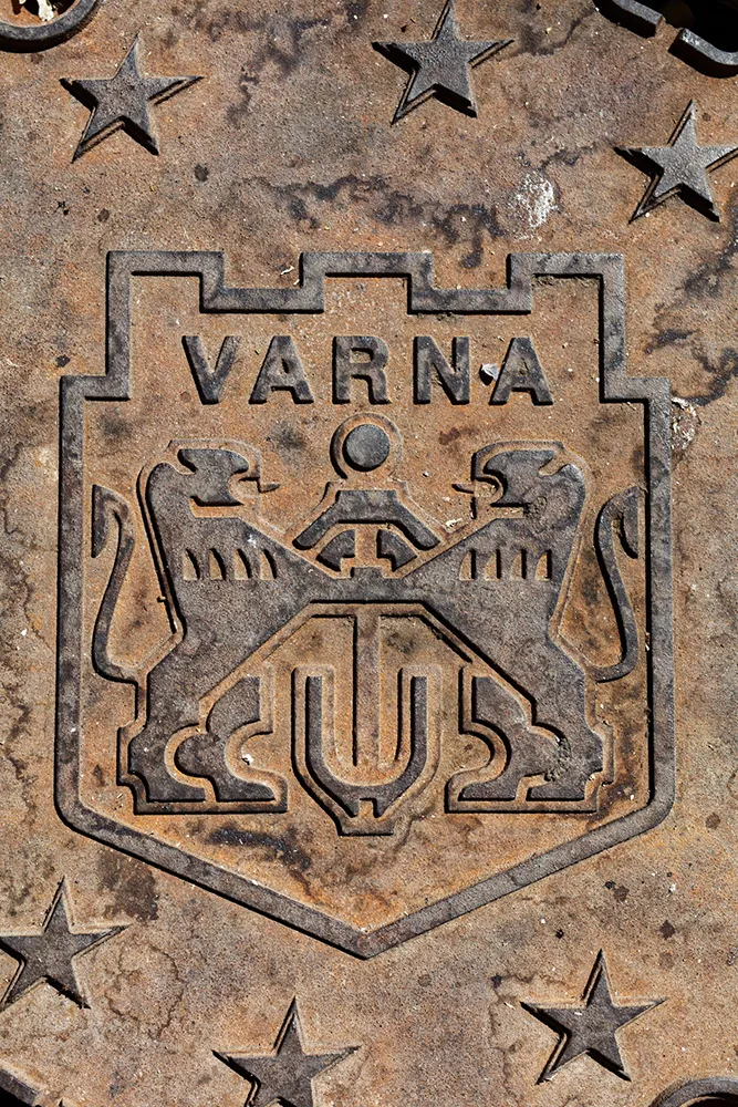 Arms of city of Varna, Bulgaria on the manhole cover