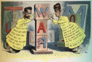 A June 29, 1898, editorial cartoon by Leon Barritt depicts Pulitzer and Hearst each pushing for war with Spain