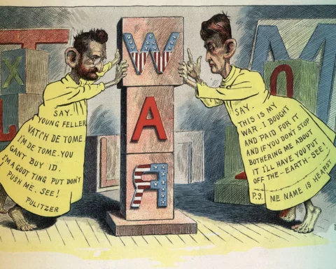 A June 29, 1898, editorial cartoon by Leon Barritt depicts Pulitzer and Hearst each pushing for war with Spain