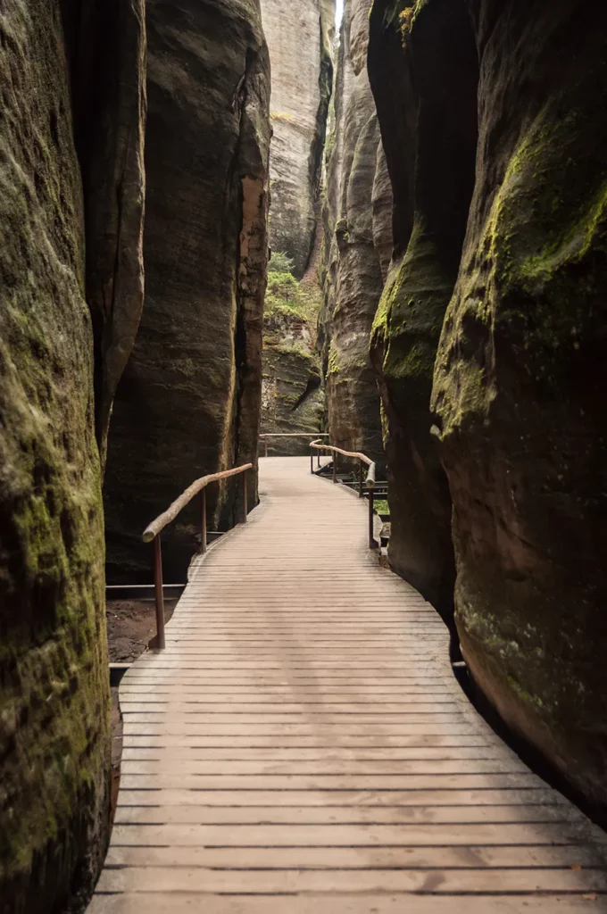 adršpach-teplice rocks - A wooden path leads through high mossy rock walls