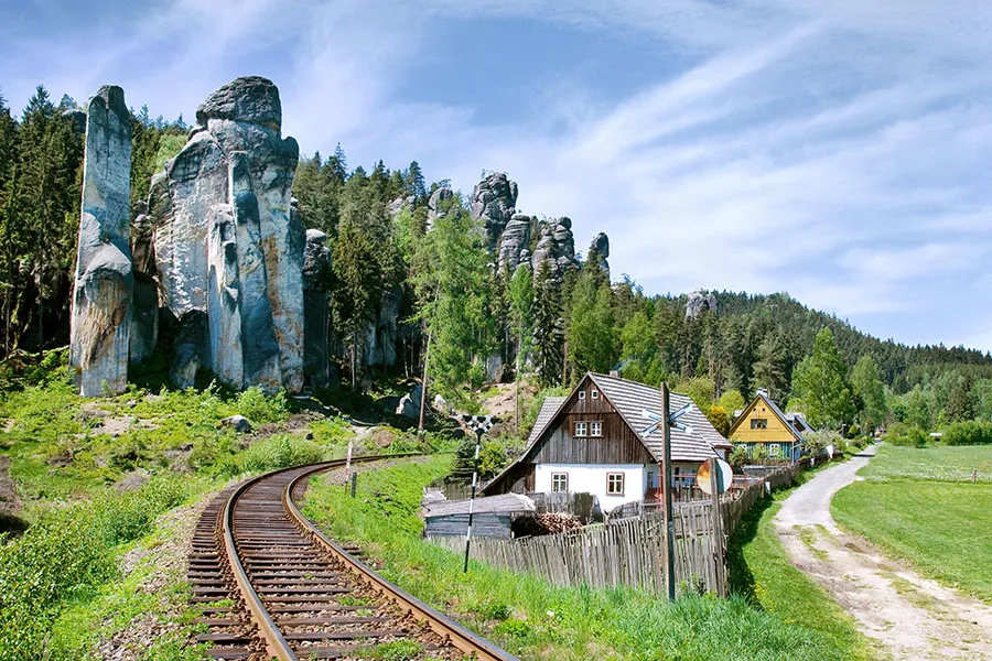 Limestone Adrspach rock town and quarry lake in National Park of Adrspach - Teplice Rocks, East Bohemia, Czech Republic