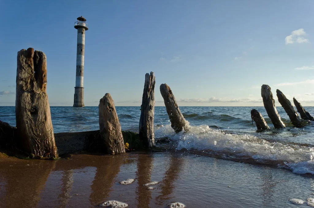 Skew lighthouse in the Baltic Sea. Kiipsaar, Harilaid, Saaremaa, Estonia, Europe