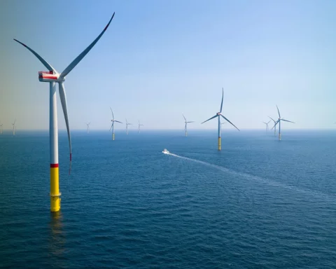 Arkona Offshore Wind Park. In this aerial view wind turbines stand at the recently-inaugurated Arkona offshore wind park in the Baltic Sea on June 5, 2019 off the coast of Sassnitz, Germany. The Arkona wind park, operated by E.ON, consists of 60 wind turbines that generate a total of 385 MW of electricity. Germany has made a strong push towards renewable energy sources over the last decade and recently announced a timetable for ending German coal-based electricity production
