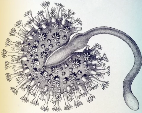 Historical book illustration of Sea Pansy (Renilla reniformis) from "Kunstformen der Natur" by Ernst Haeckel
