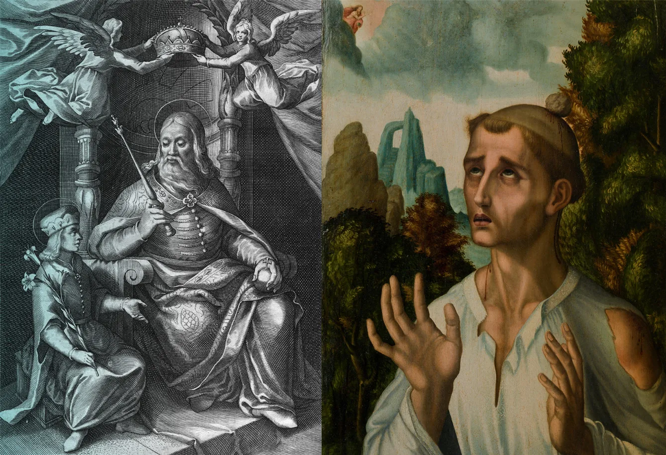 Left: Circa 1038, King Stephen I of Hungary (979 - 1038), canonized by the Pope in 1083. Right: Saint Stephen painting by Luis de Morales