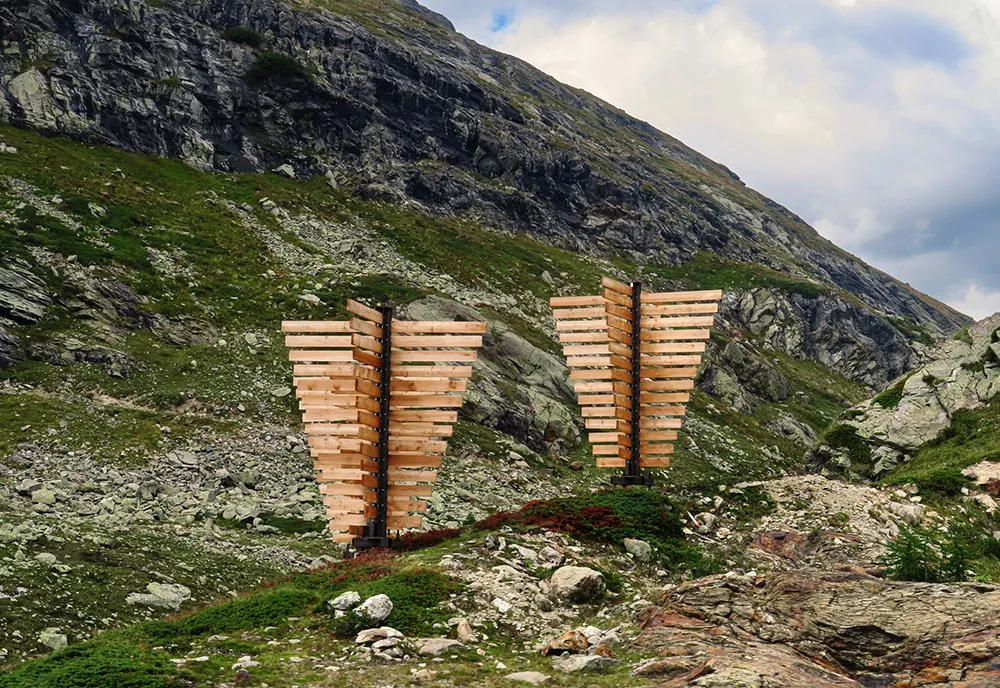Wooden avalanche barriers set up in the northern Italian Alps near the Swiss border