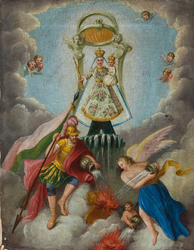 Pilgrimage of the Madonna, at the feet of St. Florian and angels extinguishing the fire. Oil on canvas. Early 19th Century