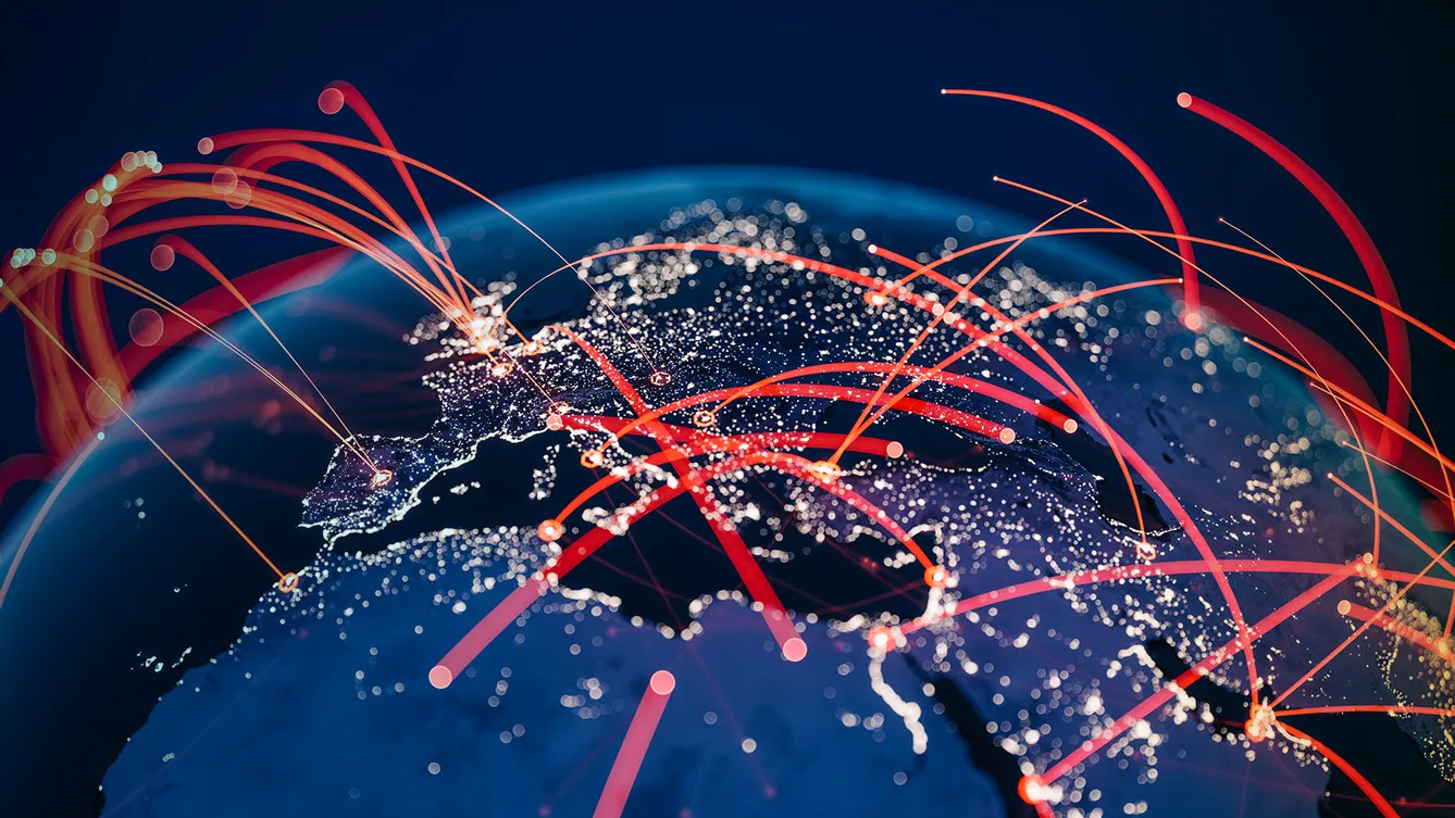 Blue Globe viewing from space at night with connections between cities