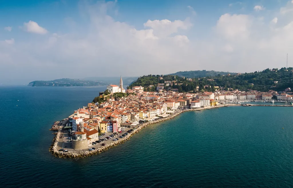 Aerial view on Piran Peninsula with the Old Town and Slovenian Coast