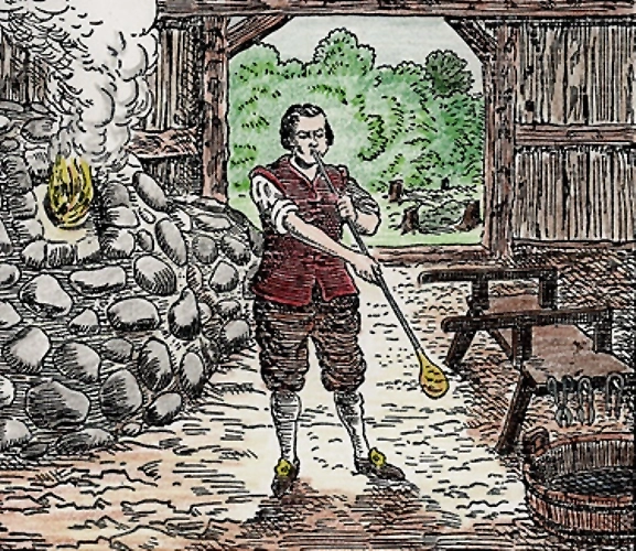 Craftsman glassblower in Jamestown, Virginia, circa 1608.