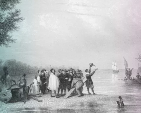 New Settlers on Shores of Jamestown. Landing At Jamestown. Illustration depicting the landing of the settlers at Jamestown, Virginia in 160