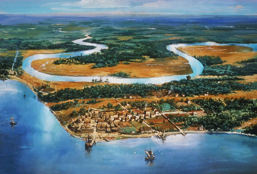 Circa 1615, The village of Jamestown, situated in the James River, Virginia - the first permanent English settlement in America. A painting by National Park Service artist Sydney King