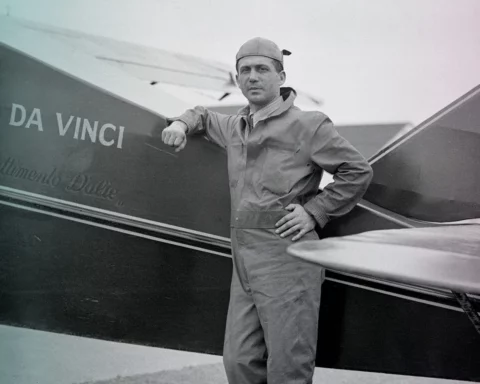 Photo shows pilot Assen Jordanoff, who brought the Leonardo Da Vinci from New Castle, Del. It is said he will accompany Cesare Sabelli, in a proposed transatlantic flight. May 15, 1933