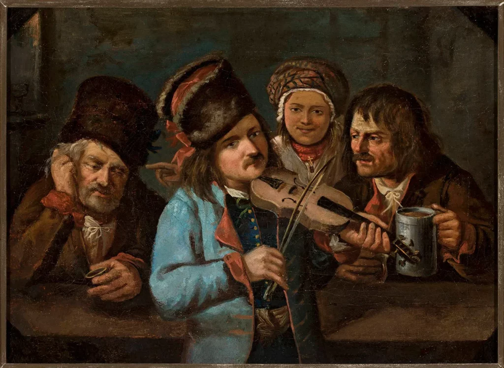 A man plays the fiddle at an inn. Oil on canvas