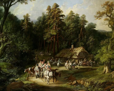 oil painting from 1845 depicting people in front of an inn