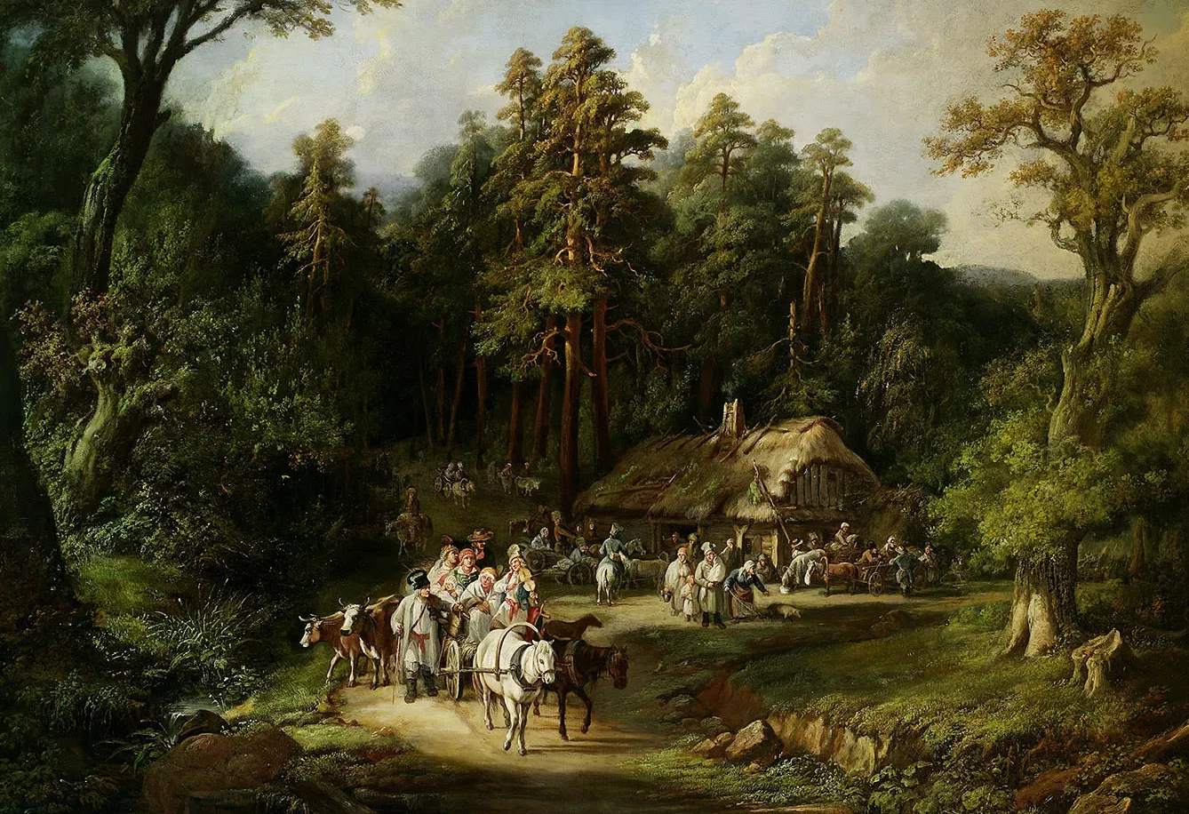 oil painting from 1845 depicting people in front of an inn