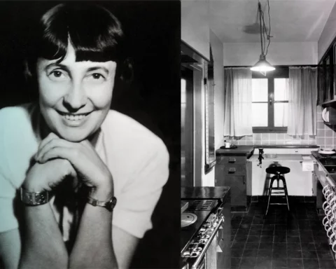 Right: Margarethe Schuette-Lihotzky, circa 1935. Left: Modern fitted kitchen Frankfurt. Designer: Grete Schütte-Likotzky, 1926