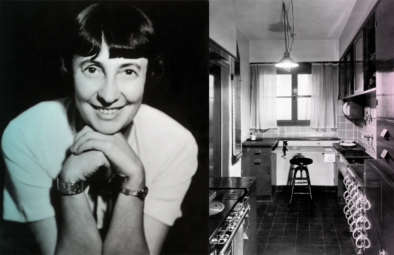 Right: Margarethe Schuette-Lihotzky, circa 1935. Left: Modern fitted kitchen Frankfurt. Designer: Grete Schütte-Likotzky, 1926