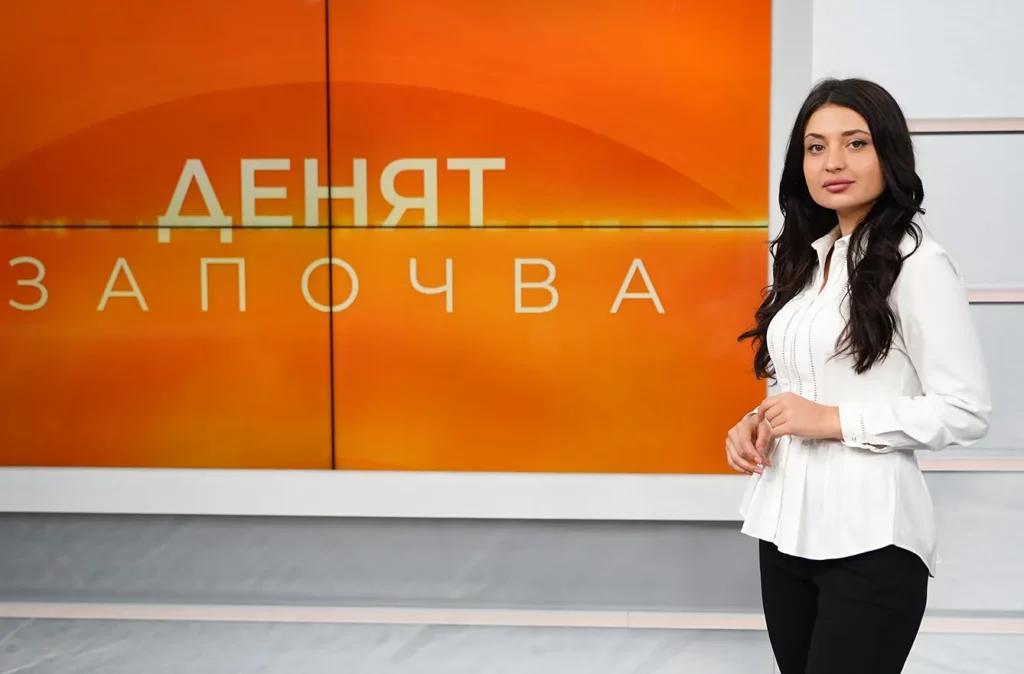 Maria Plachkova, a Ukrainian-born journalist of Bulgarian descent in studio of the morning program “The Day Begins” on Bulgarian National Television