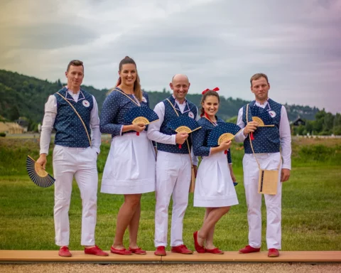 Official outfits of Czech Olympic team for Tokyo 2020. Czech athletes Tomas Babek, Katerina Safrankova, Miroslav Trunda, Aneta Holasova and Miloslav Prihoda pose for photographs in the official dresses for the opening ceremony during the presentation of the outfits for Czech Olympic team for the Tokyo 2020 Olympic Games, designed by Zuzana Osako, in Prague, Czech Republic, 22 June 2021. The dresses are partly created in traditional Czech blueprint technique. The Summer Olympic Games, rescheduled from 2020 to 2021 due to the ongoing coronavirus COVID-19 pandemic, are set to start on 23 July 2021.