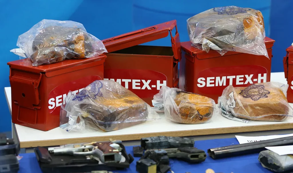 November 07, 2013. Gardai display arms and explosives including Semtex plastic Explosives, recently recovered from dissident republicans in the Dublin area in recent days.