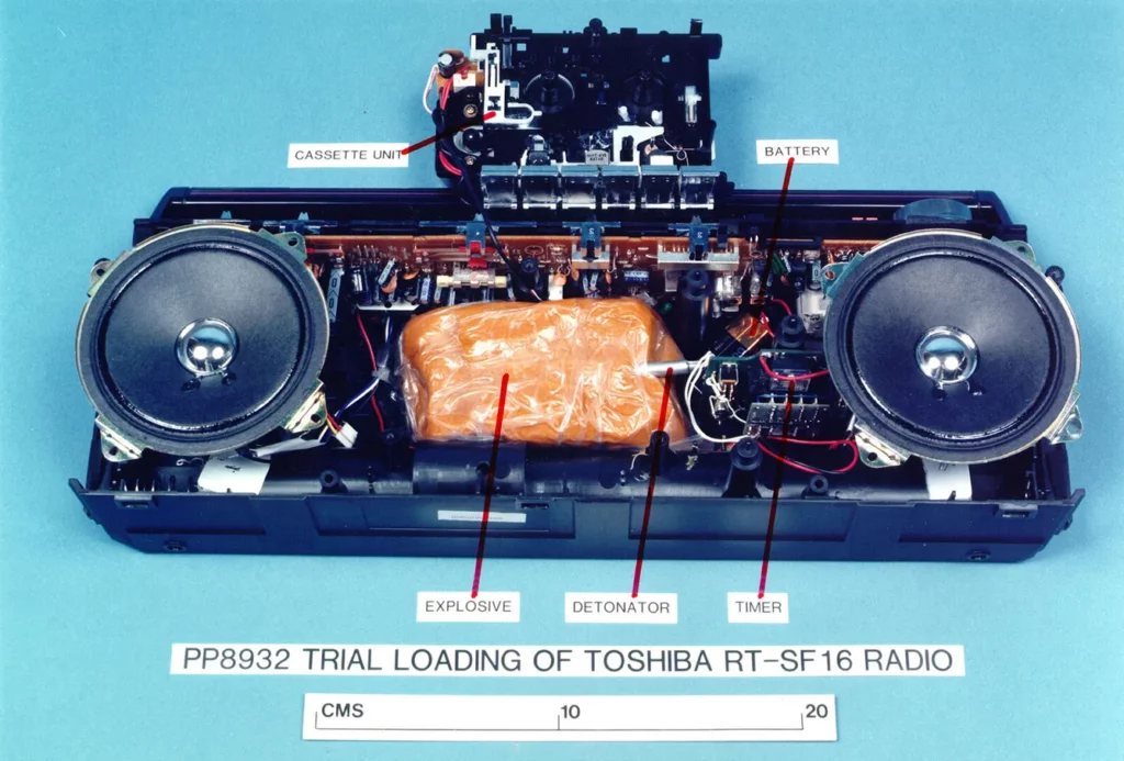 A mock-up of the explosives-loaded Toshiba Cassette Recorder which blew up Pan Am flight 103 over Lockerbie in 1988 is on display January 31, 2001 in Edinburgh, Scotland. Abel Basset Ali Al-Megrahi, one of two Libyans accused of the bombing which claimed 270 lives, was found guilty of murder today and sentenced to serve at least twenty years imprisonment by three scottish judges at a courtroom in the former U.S. Air Base at Camp Zeist in The Netherlands. Co-defendant Lamen Khalifa Fhimah was acquitted.