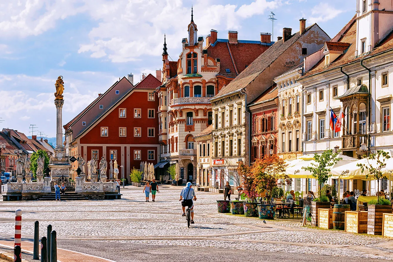 Maribor, Slovenia in April. Maribor Town Hall and Plague Column on the central square, Lower Styria, in Slovenia