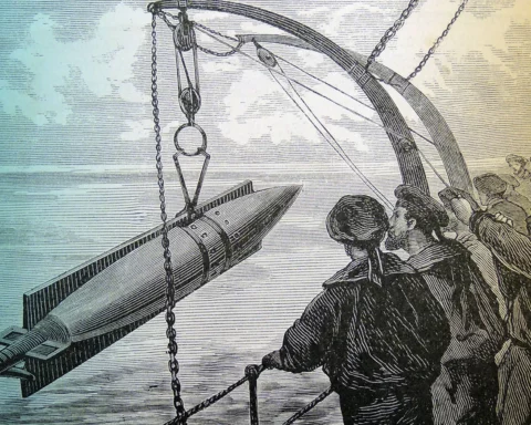Hoisting a Whitehead torpedo on board after a practice run. In 1871 the British government purchased the right to use the weapon. Engraving, Leipzig, 1895.