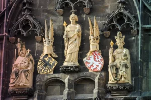 Statues of Wenceslas IV, St Vitus and Emperor Charles IV on the Old Town Bridge Tower at Charles Bridge, Prague, Czech Republic