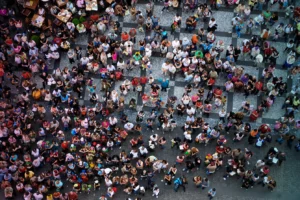 Aerial photograph of people at the Old Town Square in Prague